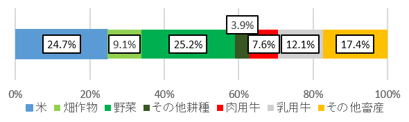 道央地帯の令和3年の農業産出額の内訳を示した横棒グラフ。全体を100％とし、米（24.7％）、畑作物（9.1％）、野菜（25.2％）、その他耕種（3.9％）、肉用牛（7.6％）、乳用牛（12.1％）、その他畜産（17.4％）の構成比を色分けで表示している。